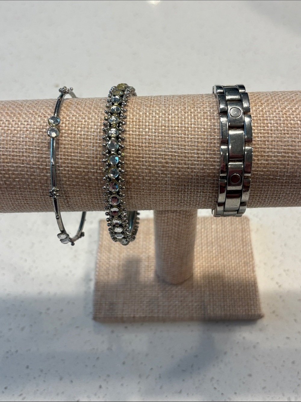 3pc Silver Tone Fashion Bracelet Lot | Thin Bangle, Crystal Stretch & Link Band